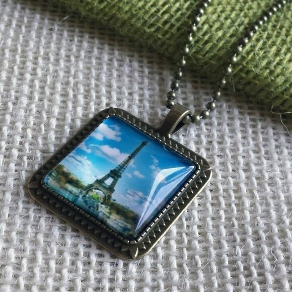 Paris France Eiffel Tower Blue Sky Square Antiqued Brass Glass 27" Long Necklace - Picture 1 of 3